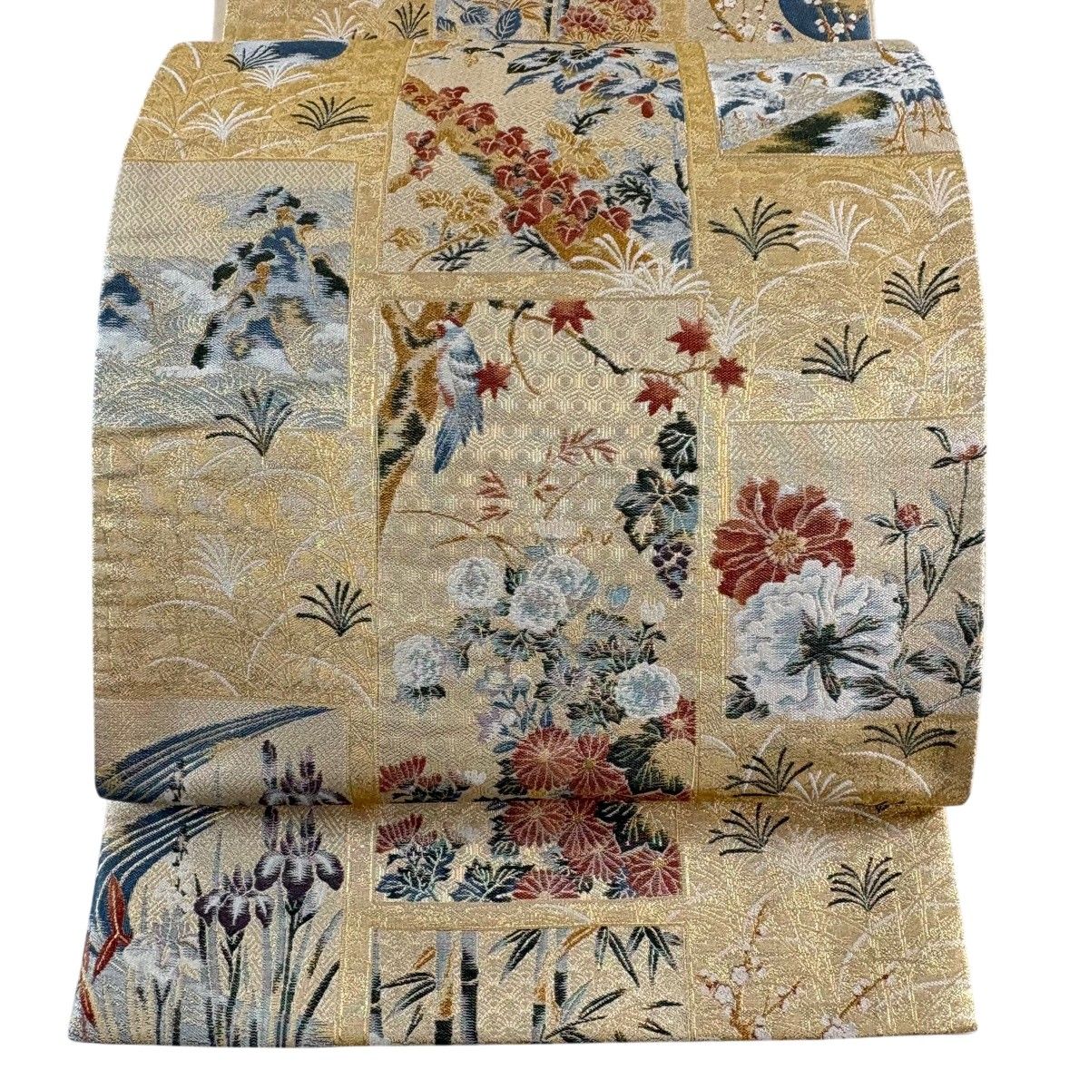 【美品】 袋帯 秀品 草花 鳥 金糸 本金箔 金色 六通 正絹 【中古】