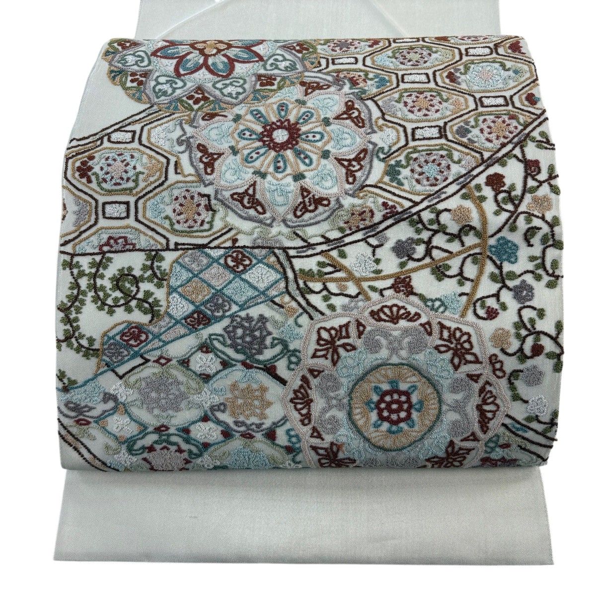 袋名古屋帯 秀品 華文 花唐草 刺繍 灰白 正絹 【中古】 6,776円