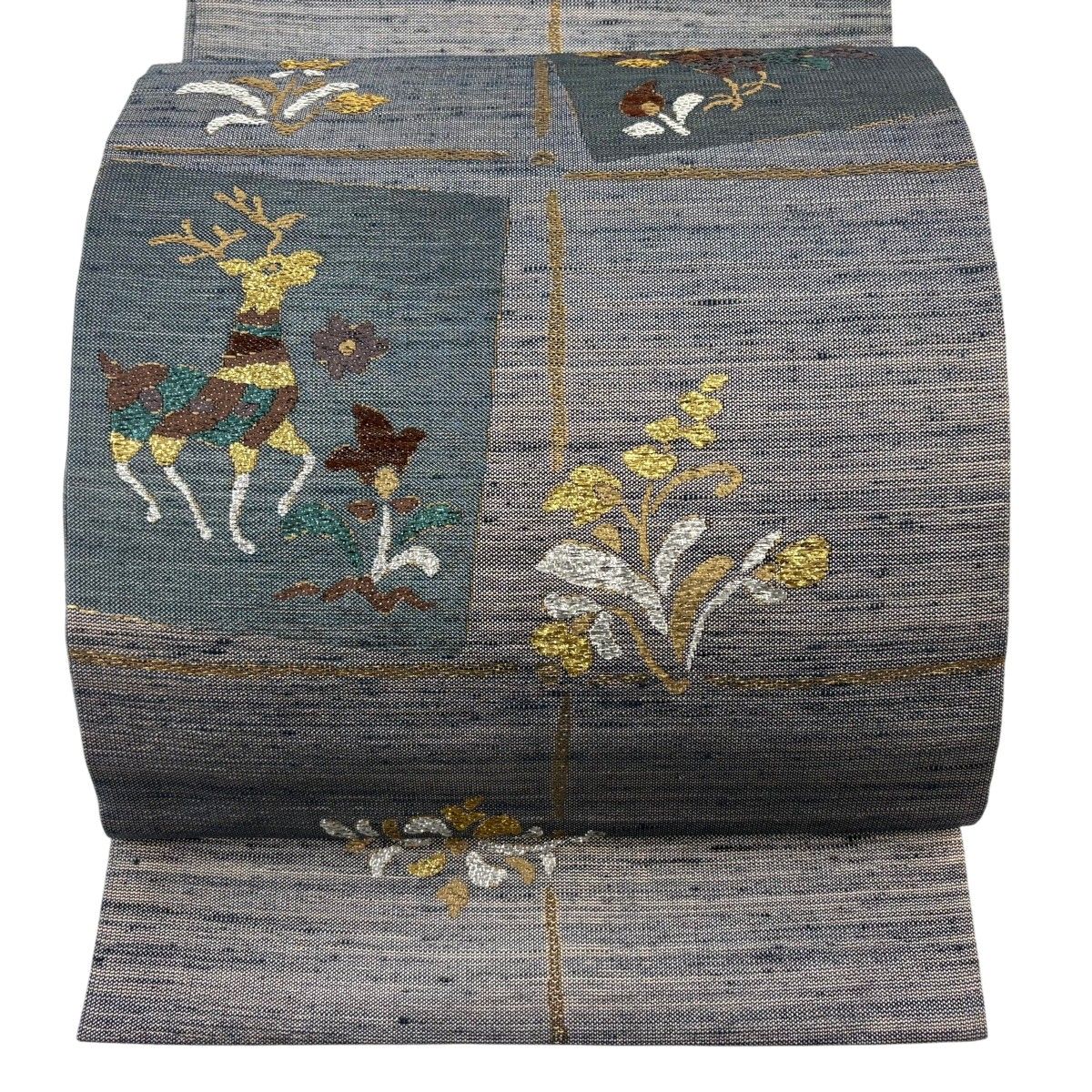 【美品】 袋帯 秀品 動物 花喰い鳥 箔 青灰色 六通 正絹 【中古】 6,512円