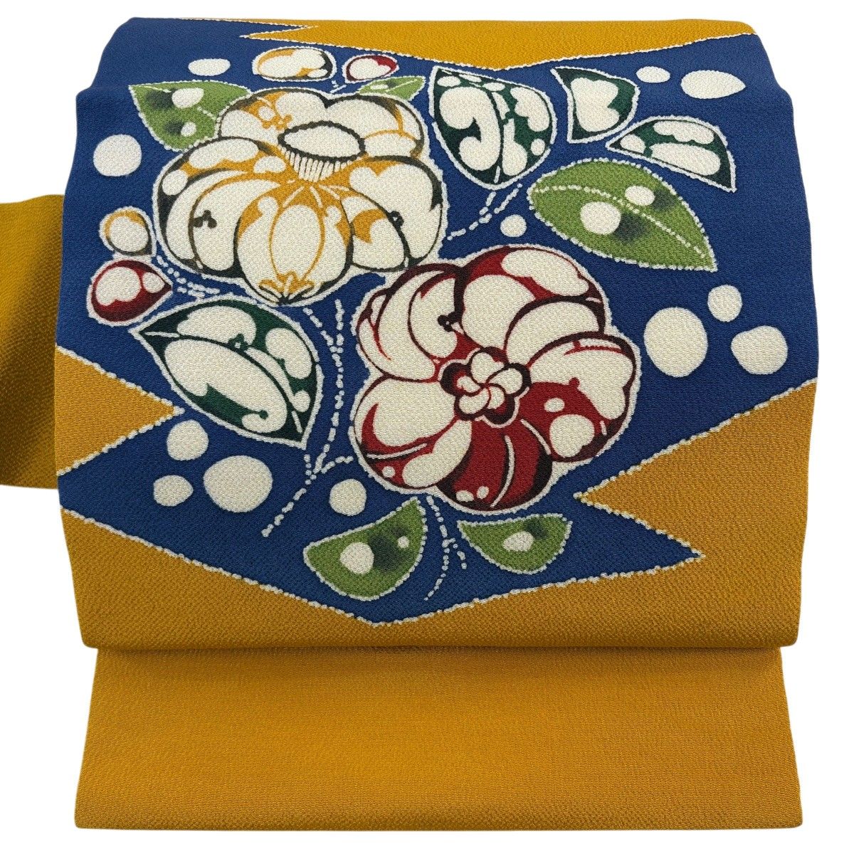 【美品】 名古屋帯 秀品 椿 枝花 縮緬 山吹色 正絹 【中古】