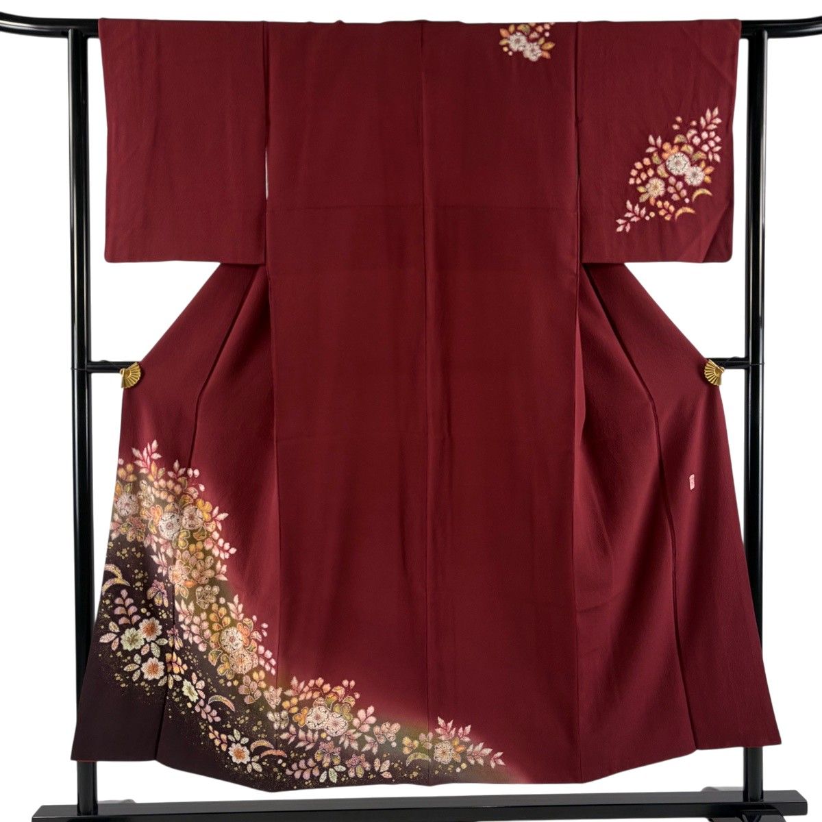 【美品】 付下げ 身丈151cm 裄丈61.5cm S 袷 翠山工房 落款 辻が花 金彩 ぼかし えんじ色 正絹 名品 【中古】