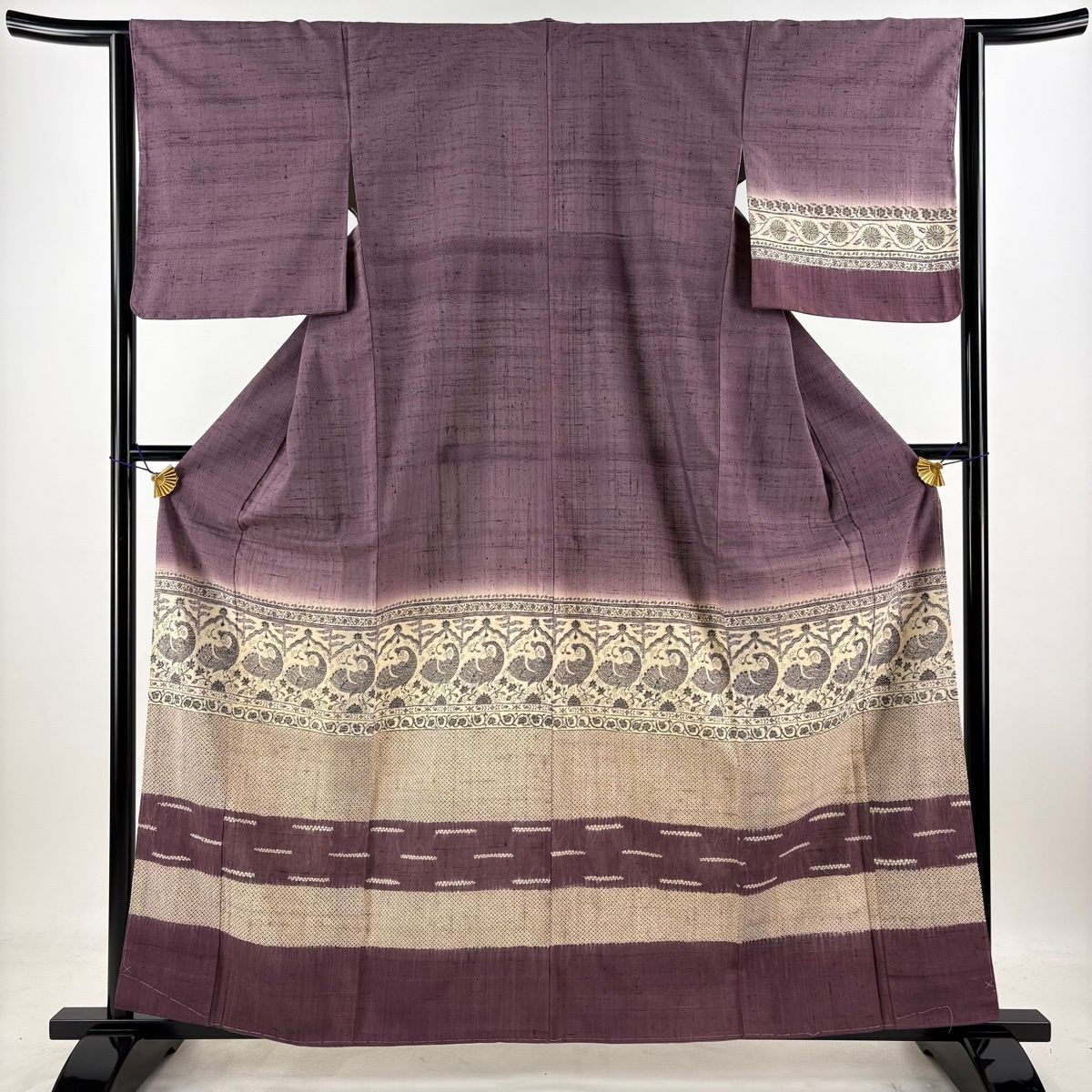 【美品】 付下げ 身丈160cm 裄丈63cm S 袷 紬地 孔雀 花唐草 紫 正絹 名品 【中古】