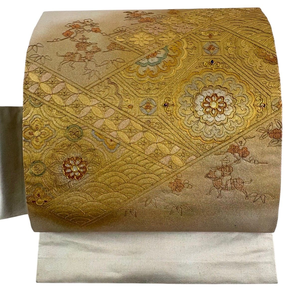 名古屋帯 秀品 華文 七宝 金銀彩 螺鈿 金色 正絹 【中古】