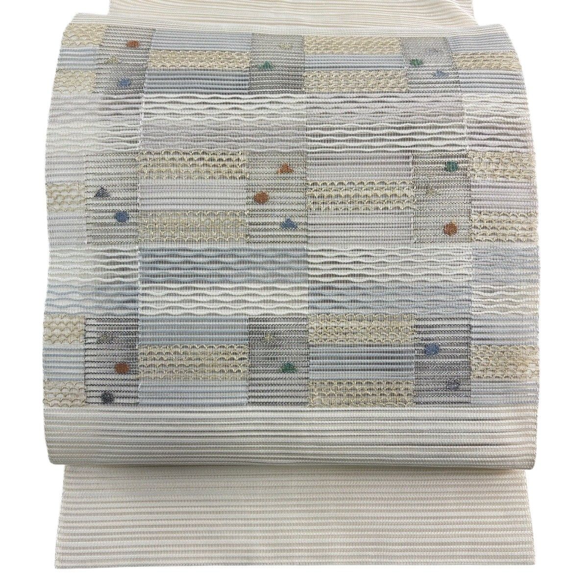 名古屋帯 秀品 夏帯 絽 八寸名古屋帯 松葉仕立て よろけ縞 金銀糸 クリーム 正絹 【中古】