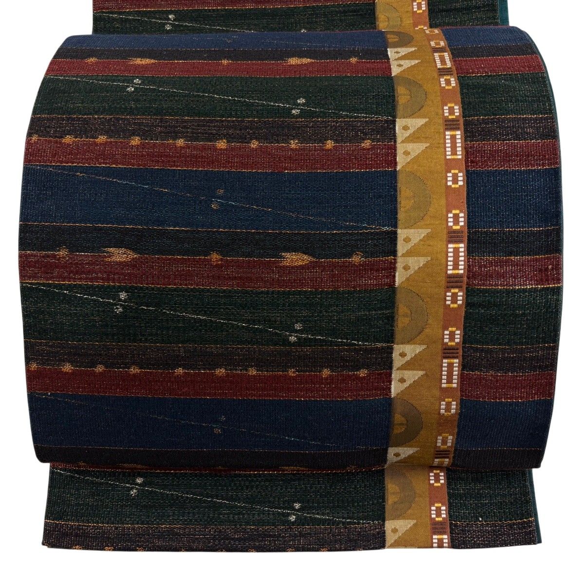 【美品】 袋帯 秀品 紬地 幾何学 縞 切りばめ 箔 紺色 六通 正絹 【中古】