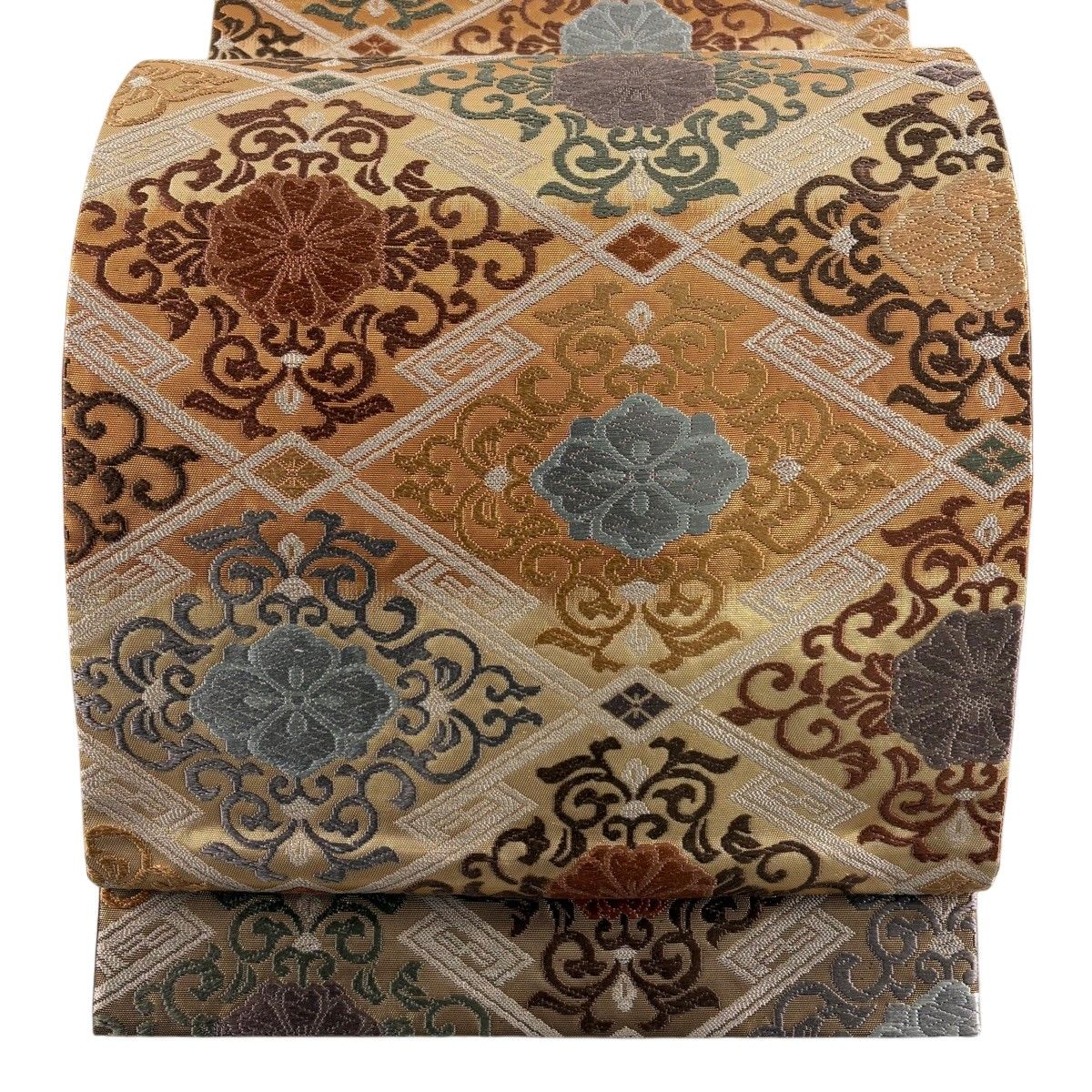 【美品】 袋帯 秀品 菱格子 花唐草 唐織 箔 金色 六通 正絹 【中古】
