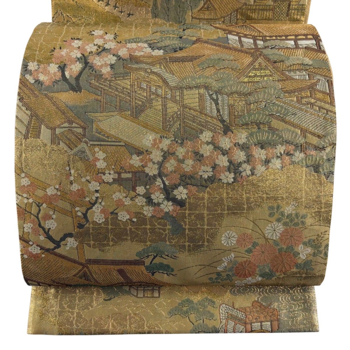 【美品】 袋帯 秀品 建物 雲文 金糸 箔 金色 お太鼓柄 正絹 【中古】 7,040円