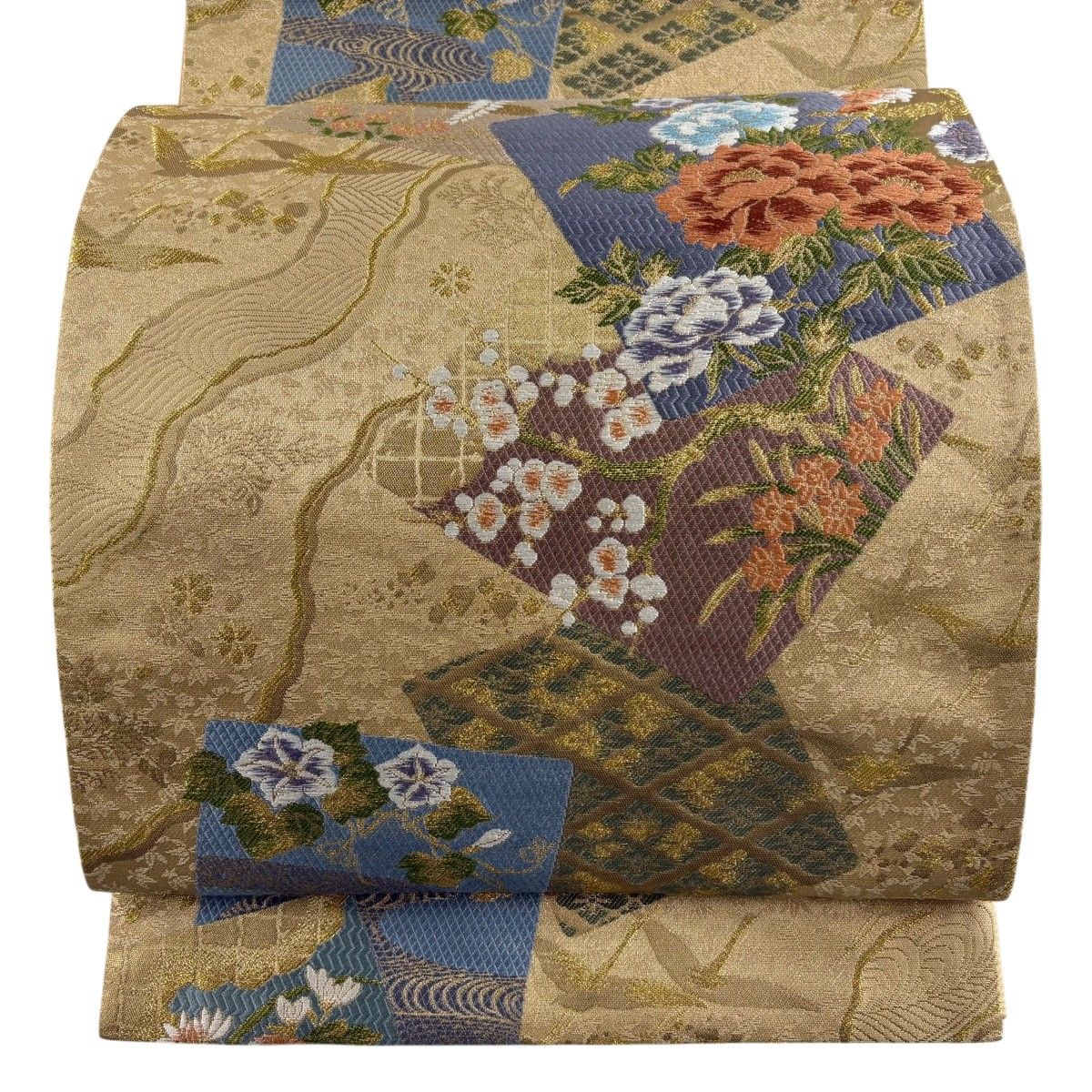 【美品】 袋帯 秀品 色紙 草花 金糸 箔 金色 六通 正絹 【中古】