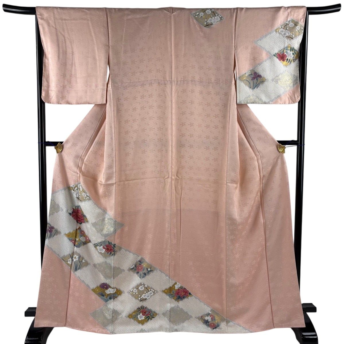 訪問着 身丈167cm 裄丈67cm M 袷 菱 草花 絞り 金彩 ピンク 正絹 秀品 【中古】