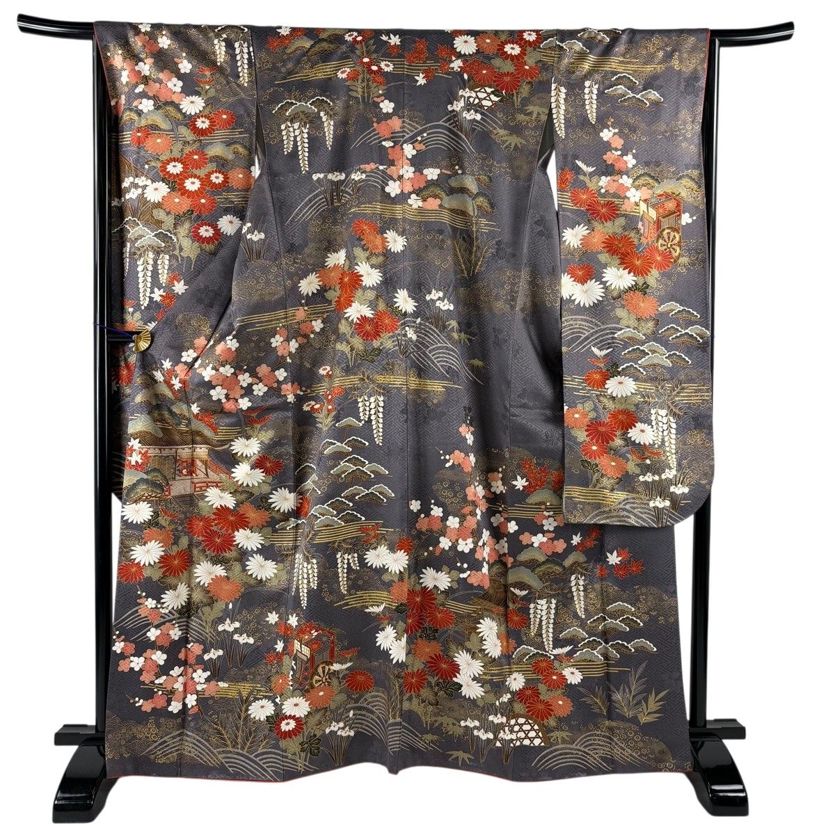 振袖 身丈165cm 裄丈66cm M 袷 菊 松 金彩 灰紫 正絹 秀品 【中古】