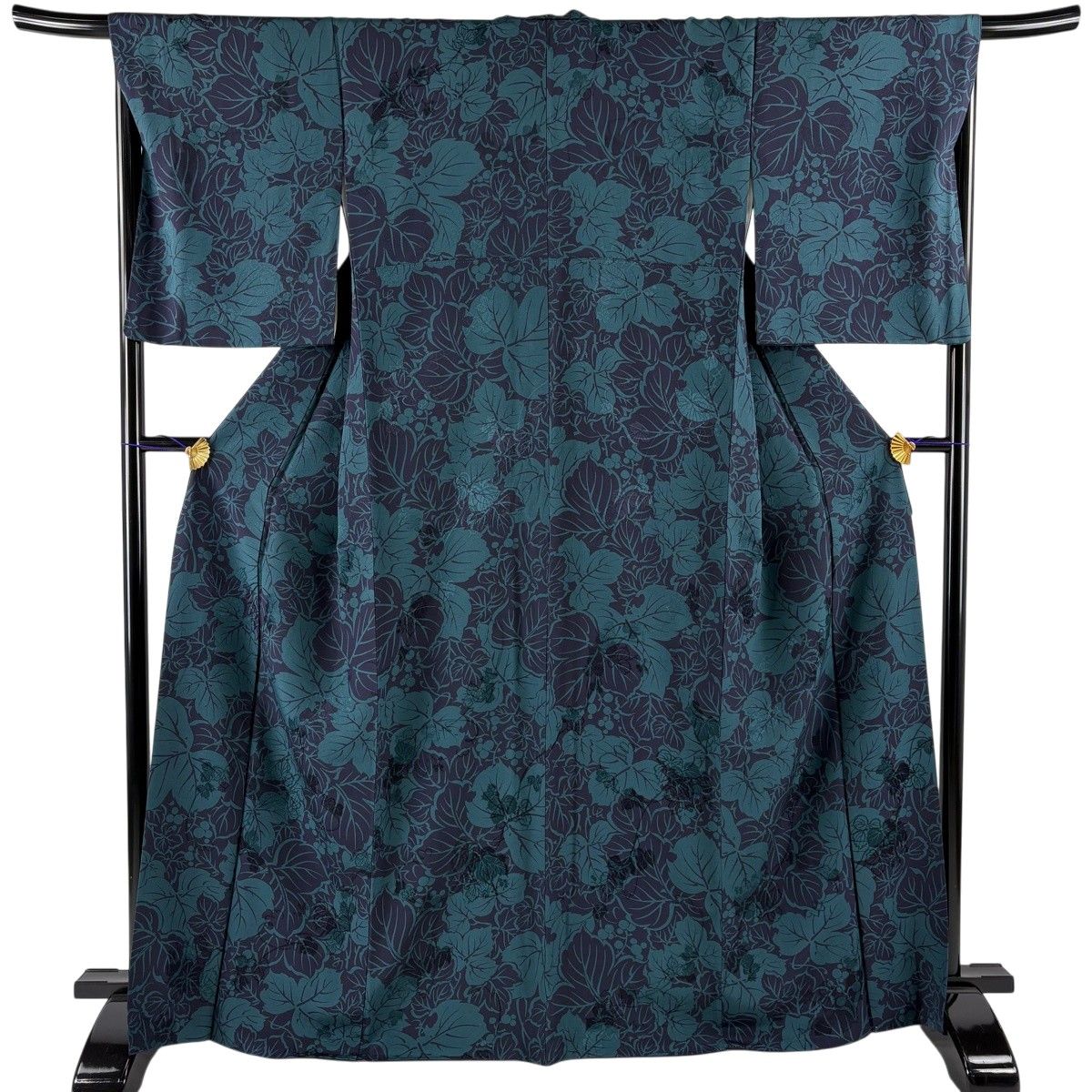 【美品】 小紋 身丈167.5cm 裄丈66.5cm M 袷 葉と実 濃紺 正絹 秀品 【中古】