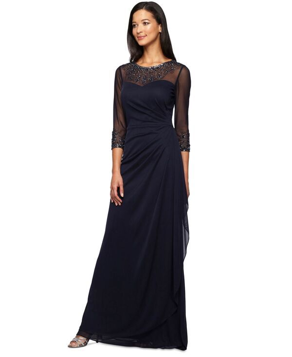 アレックスイブニングス レディース トップス ワンピース ドレープチ Alex Evenings Petite Draped Sweetheart Embellished Gown Dark Navy