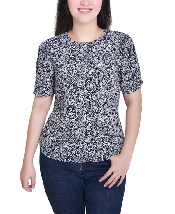 ニューヨークコレクション レディース トップス シャツ プチ NY Collection Petite Short Sleeve Scoop Neck Top Navy Paisley ネイビー