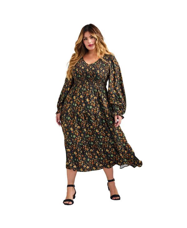 アベニュー レディース トップス ワンピース プラスサイズ AVENUE Womens Plusize Indi Puff Sleeve Shirredress Jacobean
