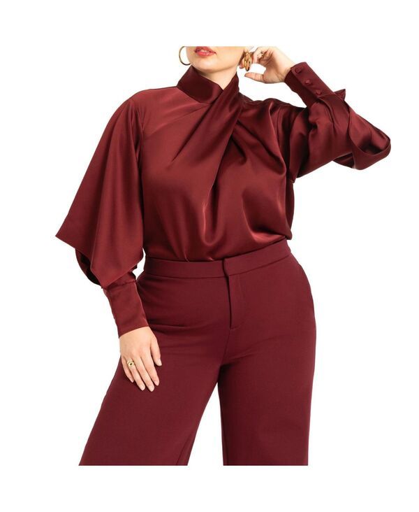 エロクイ レディース トップス シャツ ドレープ サテン ブラウス ELOQUII Womens Draped Neck Satin Blouse Zinfandel
