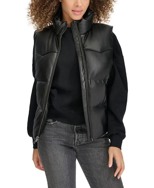 リーバイス レディース アウター ジャケット・ブルゾン ベスト レザー フェイクレザー Levis Womens Faux Leather Western Puffer Vest Black ブラック
