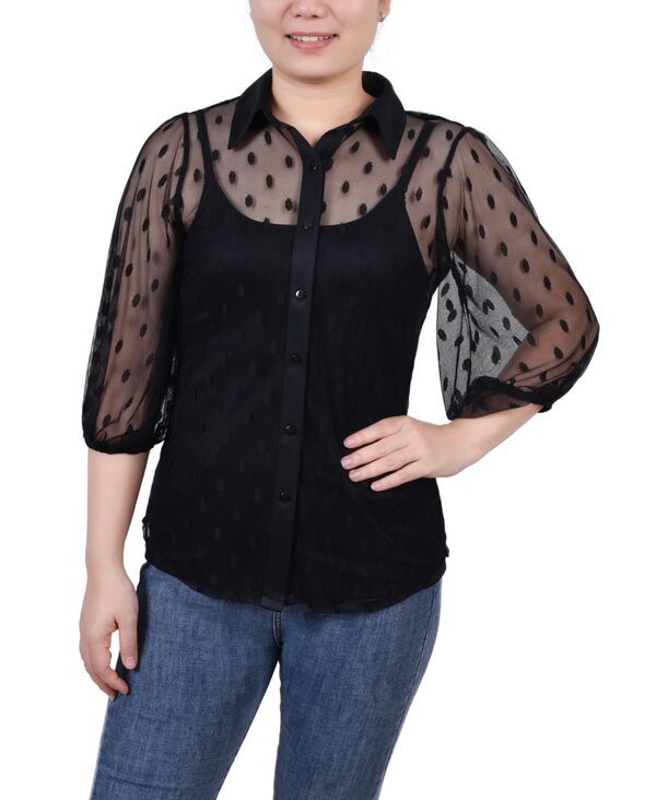 ニューヨークコレクション レディース トップス シャツ プチ NY Collection Petite Elbow Sleeve Clip Dot Top Black ブラック