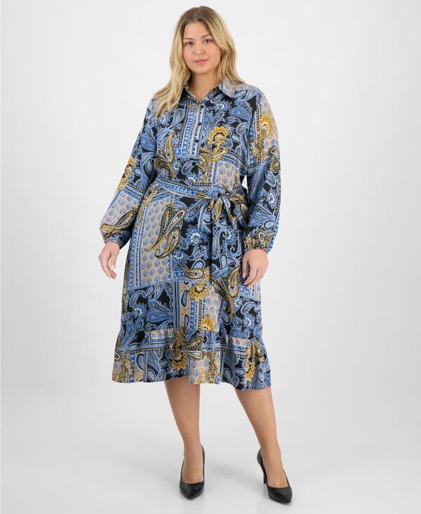 ジョーンズニューヨーク レディース トップス ワンピース ティアード ミディワンピース プラスサイズ ミディ Jones New York Plus Size Paisley TieWaist Tie