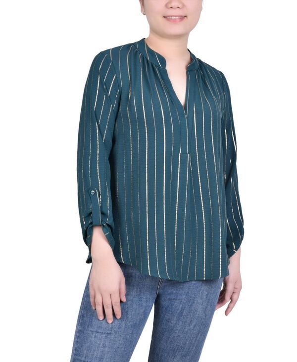 ニューヨークコレクション レディース トップス シャツ プチ ブラウス NY Collection Petite Long Sleeve Foil Striped Blouse Hunter ストライ