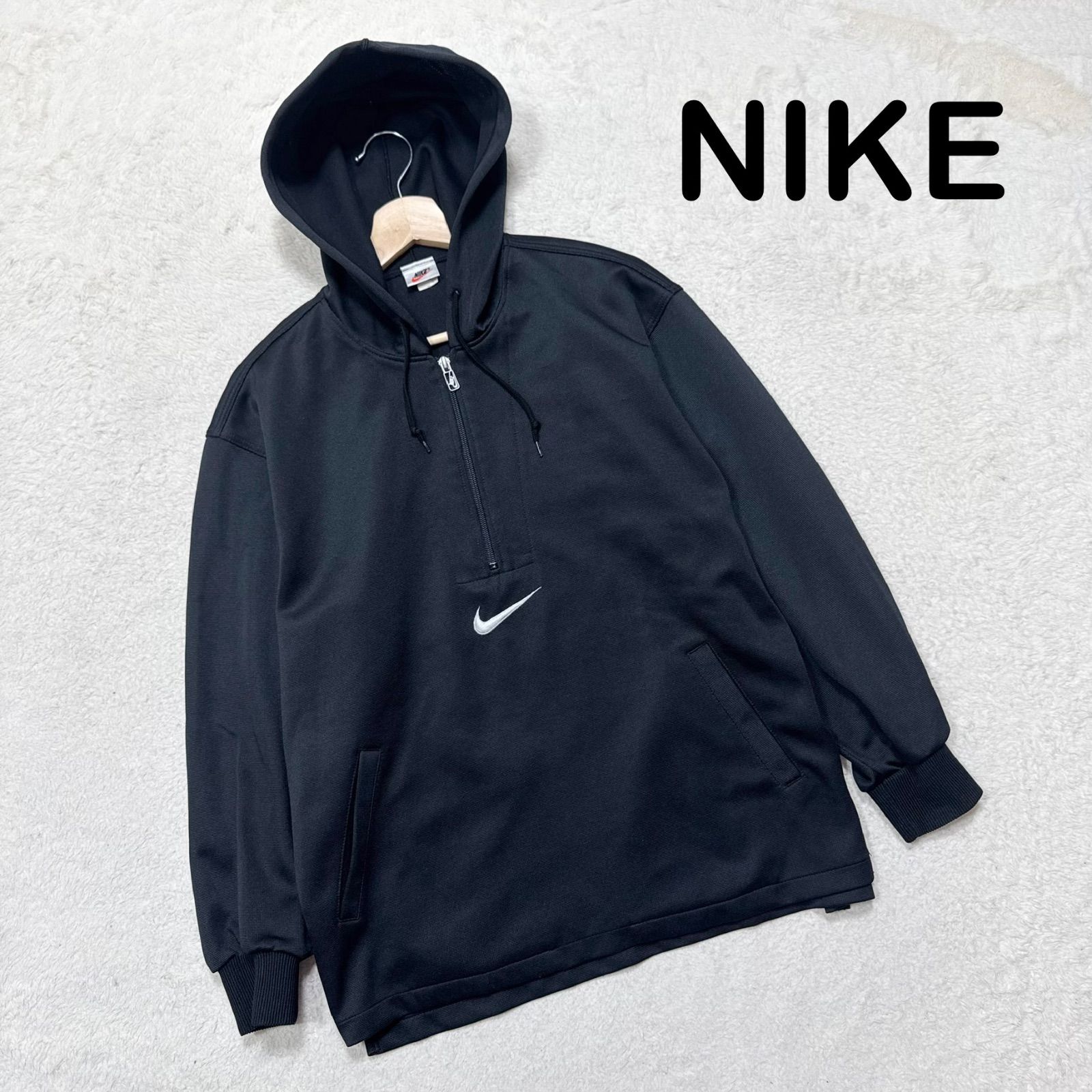 NIKE ナイキ 90s ハーフジップ パーカー M ブラック センター刺繍 バックビッグスウッシュ 8,250円