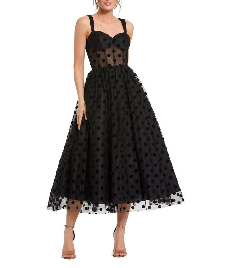 マックダガル レディース トップス ワンピース ドット柄 A ライン ミディワンピース ドット ミディ Mac Duggal Polka Dot Net Bustier Sweetheart Neck