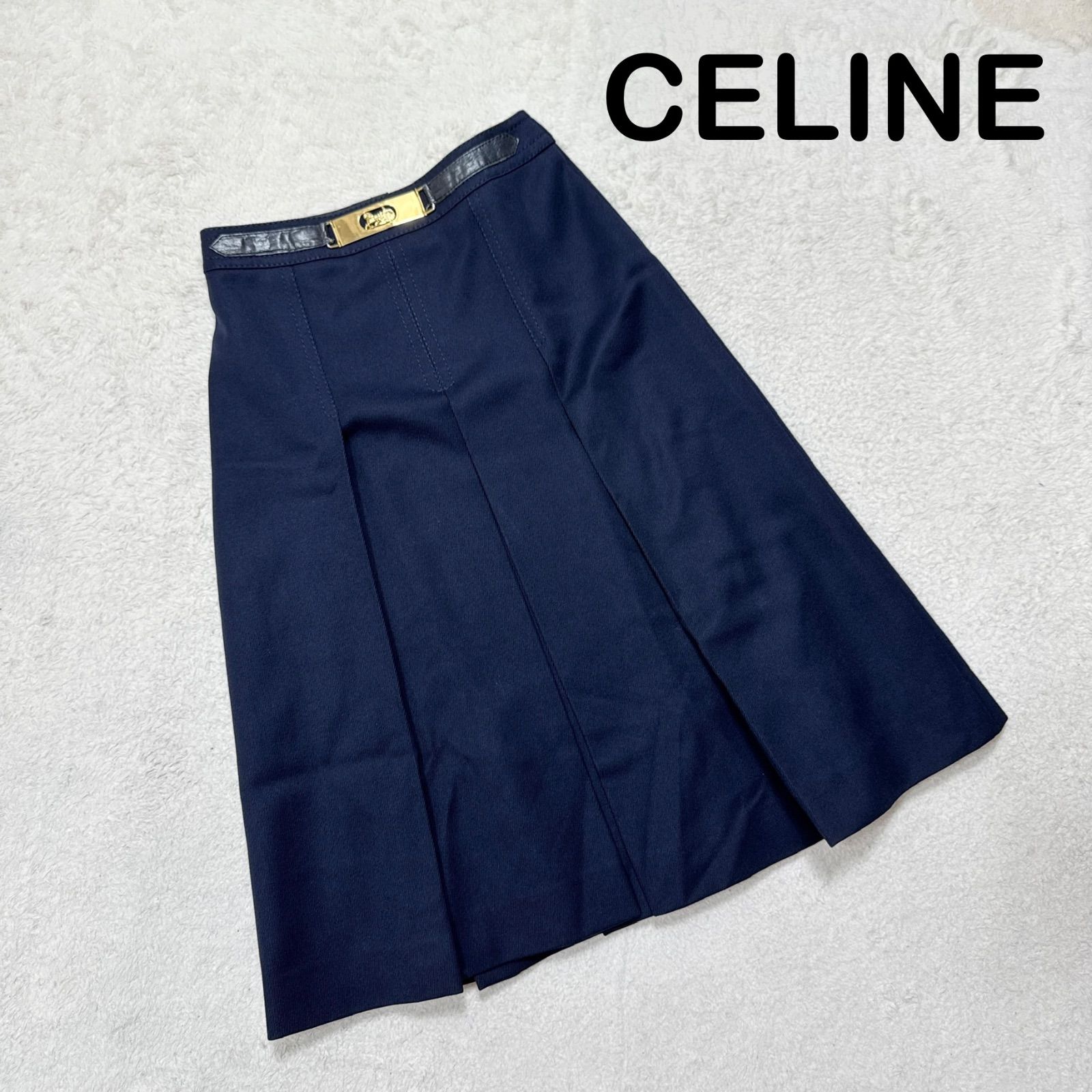 CELINE セリーヌ 金馬車金具 馬車柄 裏地総柄 ボックスプリーツスカート ネイビー フランス製 ヴィンテージ 13,140円