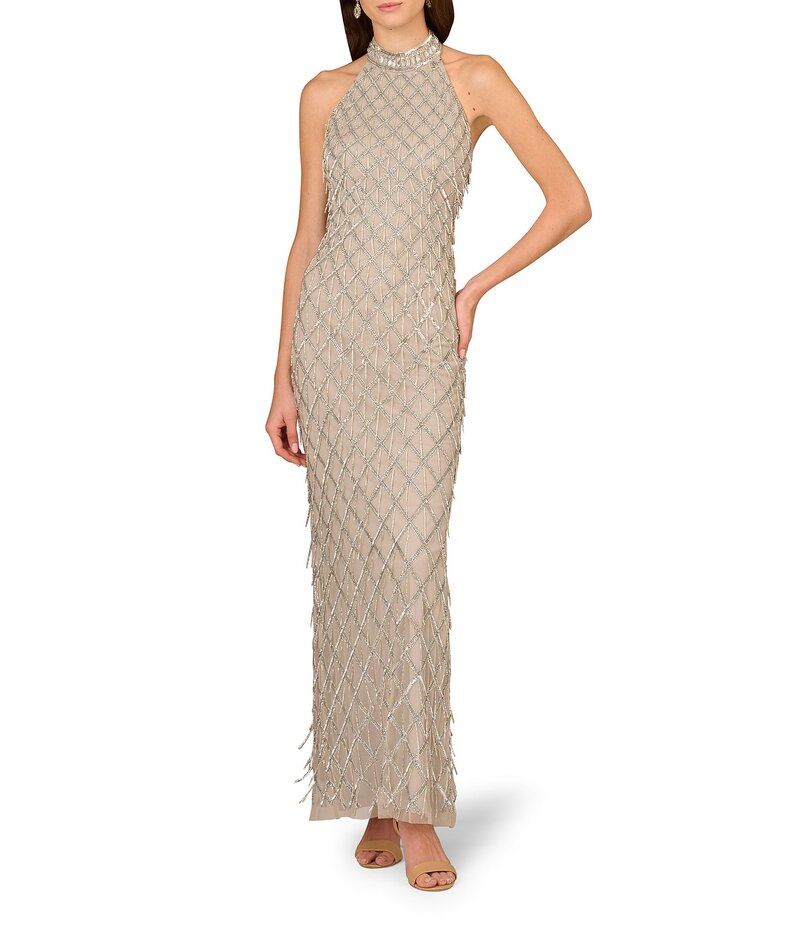 アイダンマットックス レディース トップス ワンピース メッシュ ノースリーブ ホルター Aidan Mattox Beaded Mesh Halter Neck Sleeveless Column 55,990円