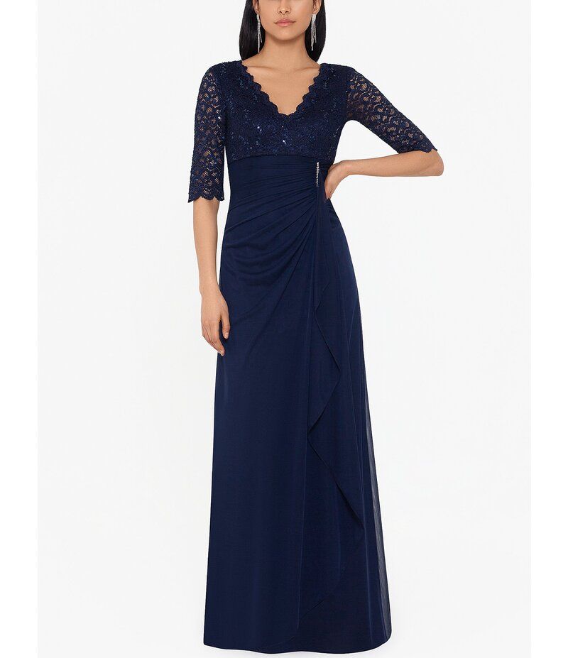 ベッツィアンドアダム レディース トップス ワンピース Vネック スパンコール レース Betsy Adam Sequin Lace VNeck 34 Sleeve Gown Navy ネイビー