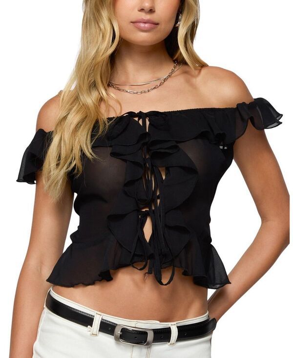 アディクテッド レディース トップス シャツ シフォン フリル シアー Edikted Sheer Chiffon Ruffled Off Shoulder Top Black ブラック