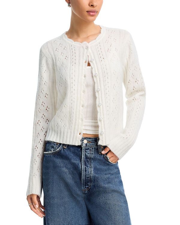 アクア レディース アウター カーディガン セーター AQUA Pointelle Cardigan Sweater Exclusive Winter White ホワイト