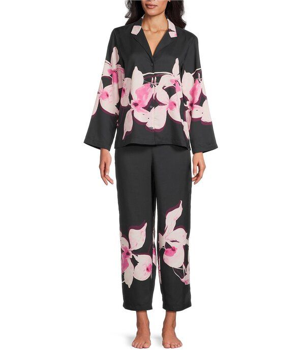 ナトリ レディース アンダーウェア ナイトウェア フラワー柄 プリント サテン フラワー Natori Orchida Long Sleeve Notch Collar Long Satin Flor