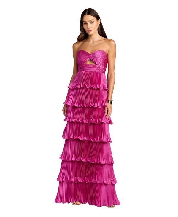 【送料無料】 マックダガル レディース ワンピース トップス Womens Pleated Charmeuse Strapless Tiered Ruffle Gown Fuchsia