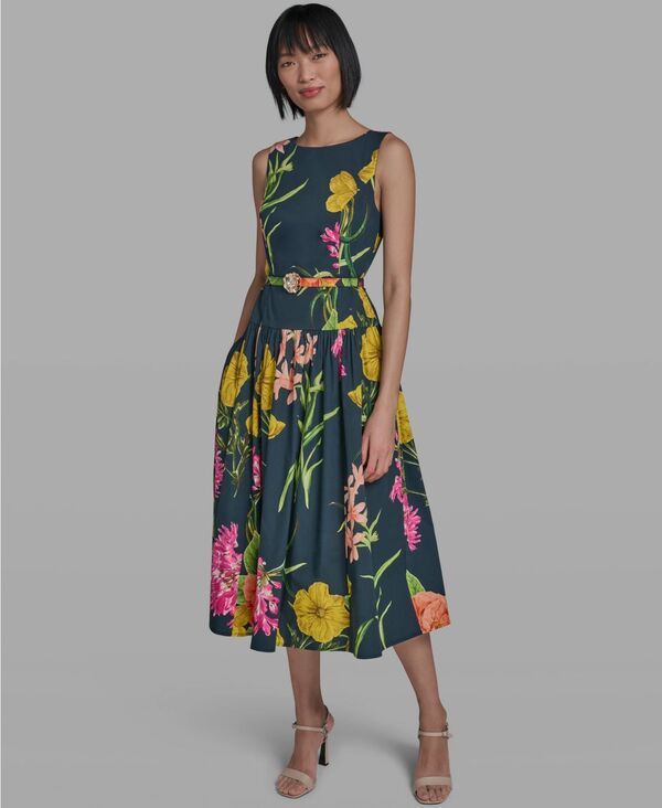 【送料無料】 カール ラガーフェルド レディース ワンピース トップス Womens BoatNeck Belted Sleeveless Dress MarinePink Sherbet Combo