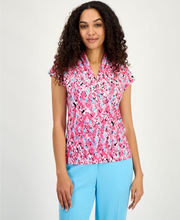 【送料無料】 カスパール レディース シャツ トップス Womens Printed VNeck CapSleeve Blouse Regular Petite Lily White Multi