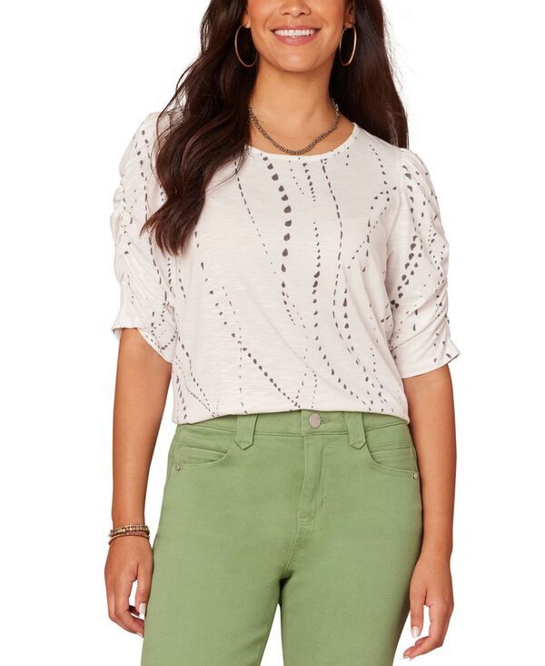 【送料無料】 デモクラシー レディース シャツ トップス Petite Printed RuchedSleeve ScoopNeck Top Off White
