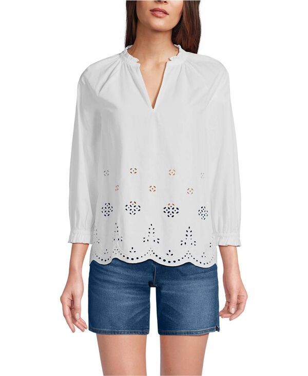 【送料無料】 ランズエンド レディース シャツ トップス Womens Eyelet Split Neck Shirt White