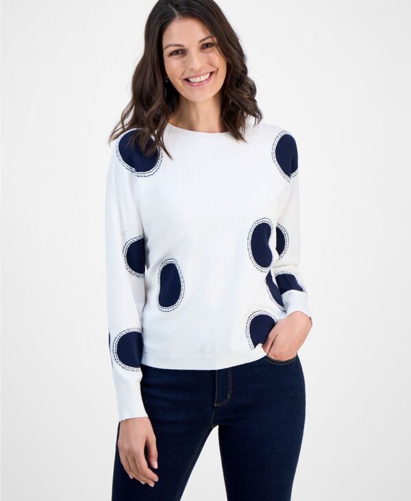 【送料無料】 ティー・タハリ レディース ニット・セーター アウター Womens Intarsia PolkaDot DolmanSleeve Sweater White With Navy