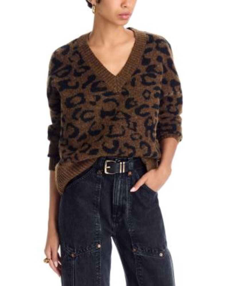 アクア レディース アウター ニット・セーター Vネック プリント AQUA Leopard Print V Neck Sweater Exclusive Bronze アニマル