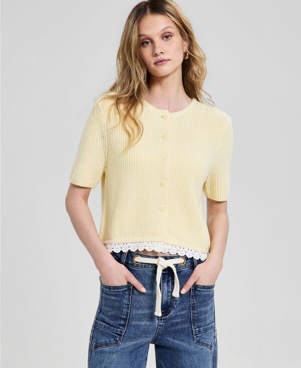 アンドノウディス レディース アウター ニット・セーター And Now This Womens CrochetTrim RibKnit Sweater Macys Exclusive Butter