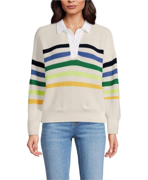 ランズエンド レディース アウター ニット・セーター Lands End Womens Drifterugby with Woven Collar Sweater Ivorymulti gem pla