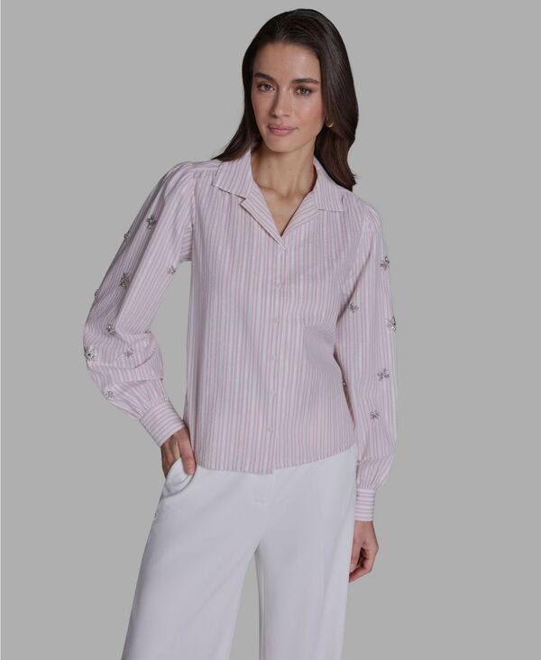 ビーシビージー レディース トップス シャツ BCBG Womens Collared Striped EmbellishedSleeve Shirt Dusty Blush Mirage Multi