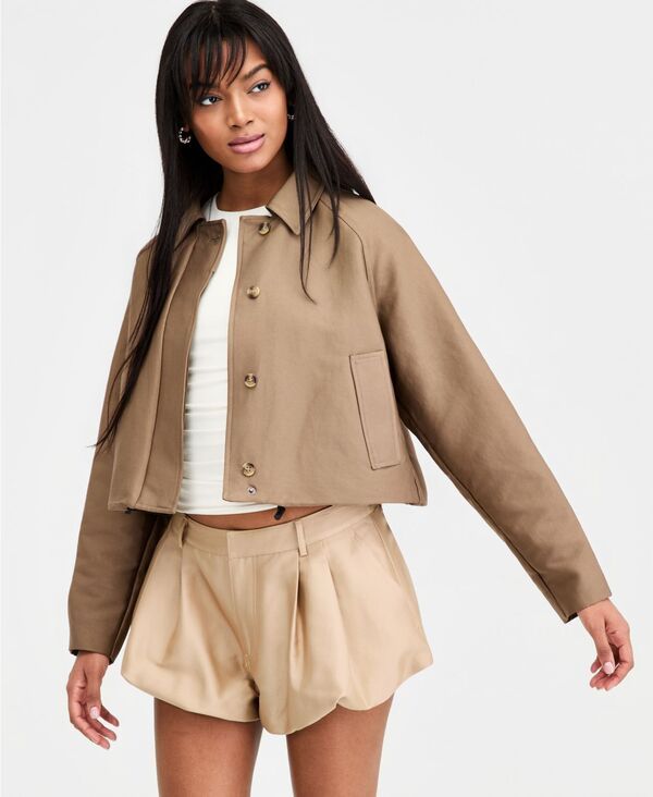 バースリー レディース アウター ジャケット・ブルゾン クロップド Bar III Womens Cropped BubbleHem Jacket Darkhaki カーキ