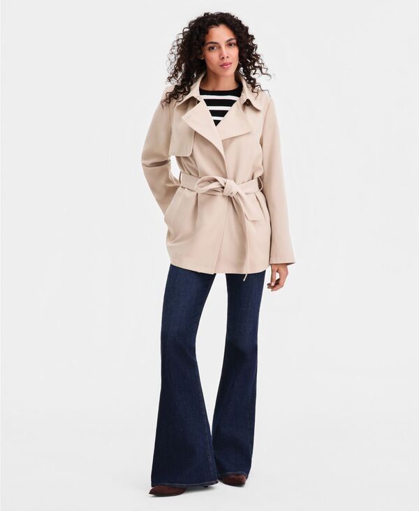 カルバンクライン レディース アウター コート クレープ Calvin Klein Womenshort Belted Crepe Trench Coat WHITE PEPPER ホワイト