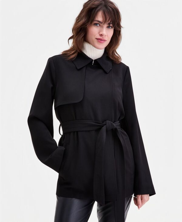 カルバンクライン レディース アウター コート クレープ Calvin Klein Womenshort Belted Crepe Trench Coat BLACK ブラック