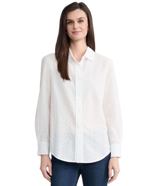 ジョーンズニューヨーク レディース トップス シャツ 長袖 Jones New York Womens LongSleeve Collared Neck Eyelet Shirt Nyc White