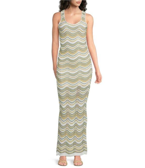 エラン レディース トップス ワンピース ノースリーブ ニット マキシ Elan Open Knit Chevron Round Neck Sleeveless Maxi Dress White Mu
