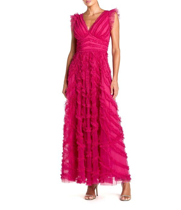 マックダガル レディース トップス ワンピース Vネック A ライン フリル メッシュ Mac Duggal Mesh Ruffle V Neck ALine Dress Fuchsia フューシャ
