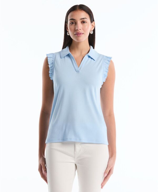 ラファエラ レディース トップス ポロシャツ プチ フリル ノースリーブ Rafaella Petite Ruffle Sleeveless Polo Shirt Cerulean