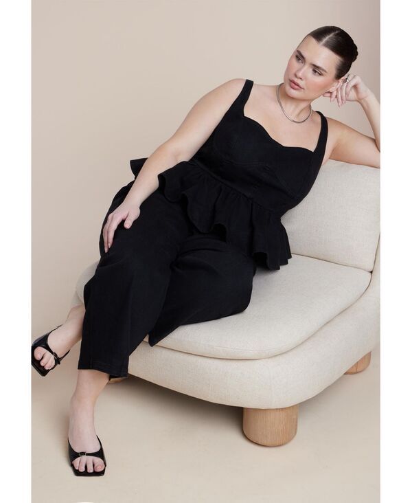 エロクイ レディース トップス ジャンプスーツ プラスサイズ ELOQUII Womens Plusize Peplum Barreleg Jumpsuit Black wash ブラック
