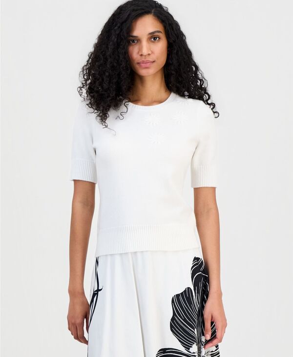 ティー・タハリ レディース アウター ニット・セーター フラワー柄 半袖 フラワー Tahari Womens FloralAppliqu ShortSleeve Sweater White Star 12,395円